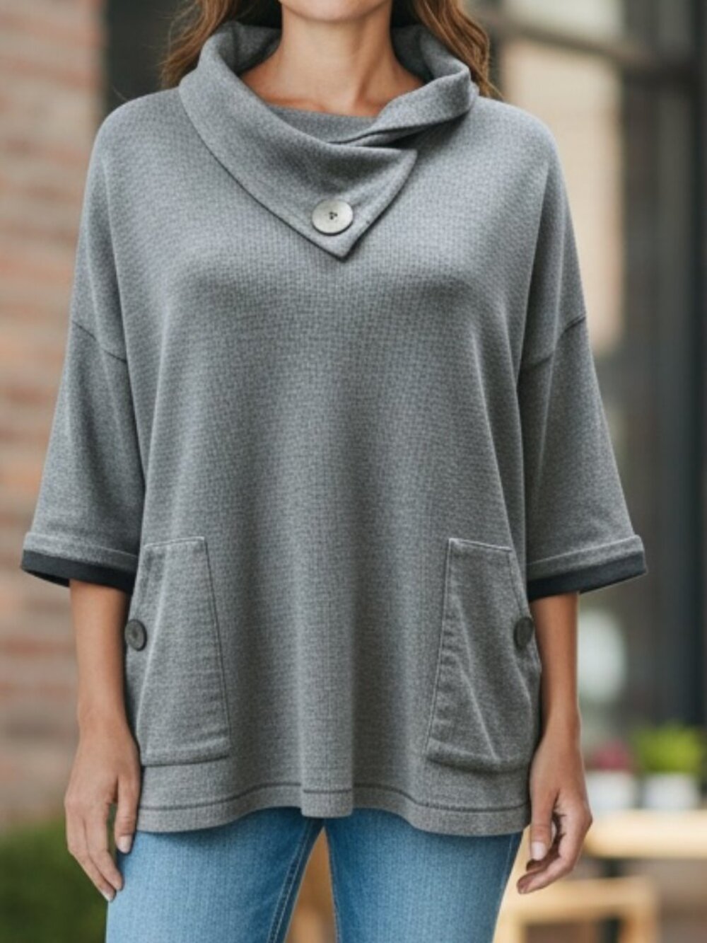 NEON BUDDHA Button Neck Oversized Tunic Top L Gray #236M